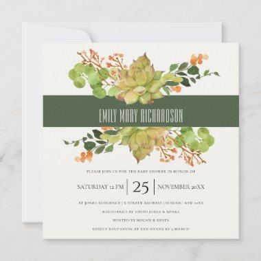 SUCCULENT CACTUS FLORAL WATERCOLOR BABY SHOWER Invitations