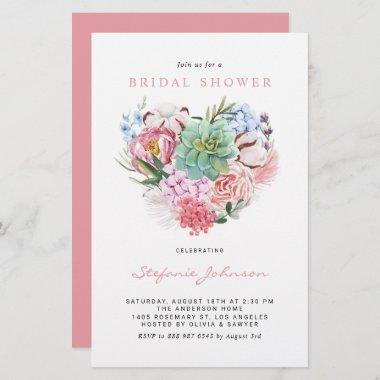 Succulent Floral Heart Bridal Shower Invitations