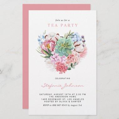 Succulent Floral Heart Tea Party Invitations