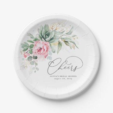 Succulent Gold Greenery Pink Floral Cheers Paper Plates