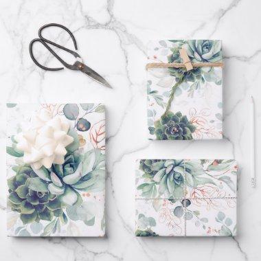 Succulent Greenery and Rose Gold Eucalyptus Leaves Wrapping Paper Sheets