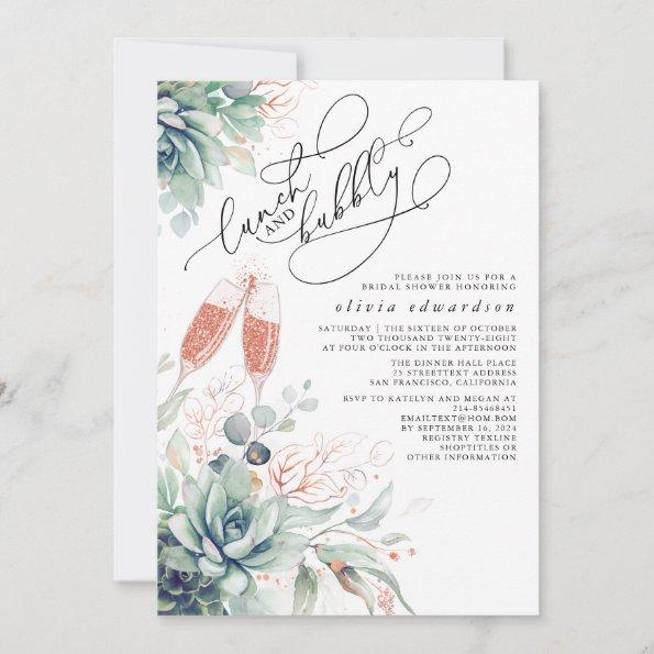 Succulent Greenery Lunch and Bubbly Bridal Shower Invitations