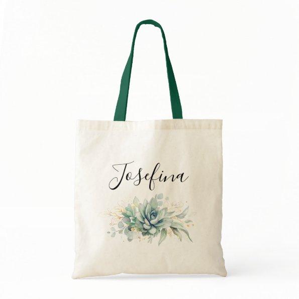 Succulents and Gold Greenery Elegant Script Name Tote Bag