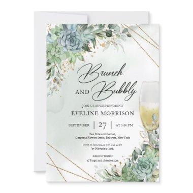 Succulents champagne glass gold brunch and bubbly Invitations