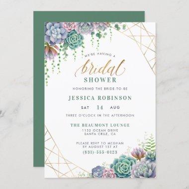 Succulents & Elegant Gold Script Bridal Shower Invitations