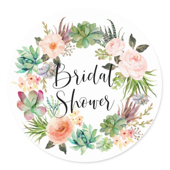 Succulents Floral Boho Wreath Bridal Shower Classic Round Sticker