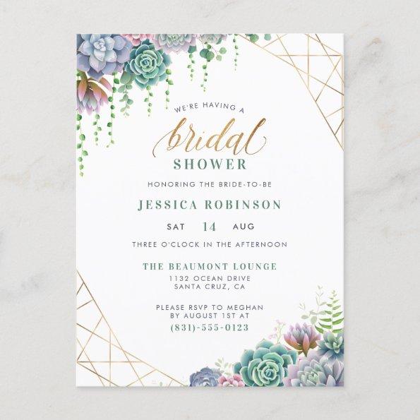 Succulents Gold Frame & Chic Script Bridal Shower Invitation PostInvitations