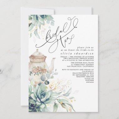Succulents Gold Greenery Bridal Shower Tea Party Invitations