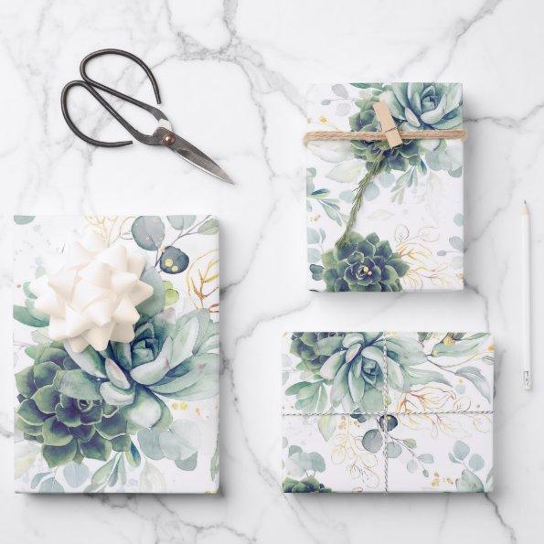 Succulents Greenery and Gold Eucalyptus Leaves Wrapping Paper Sheets