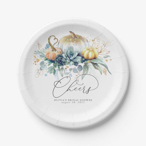 Succulents Greenery and Gold Pumpkins Fall Cheers Paper Plates