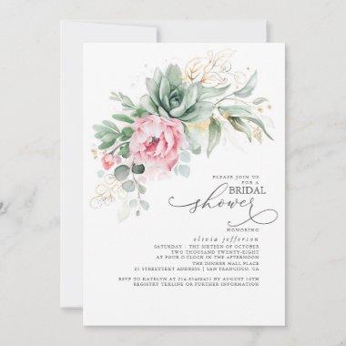 Succulents Greenery and Pink Flowers Bridal Shower Invitations