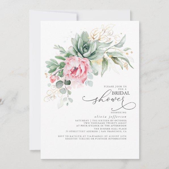 Succulents Greenery and Pink Flowers Bridal Shower Invitations