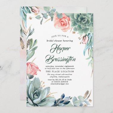 Succulents Greenery and Pink Rose Bridal Shower Invitations