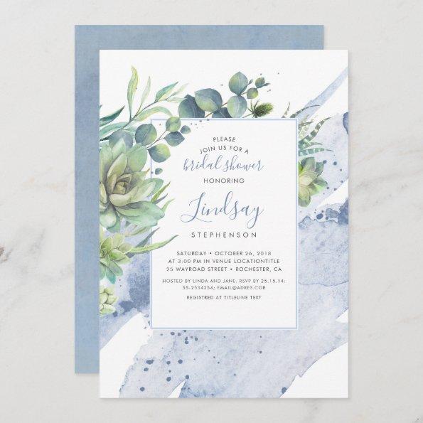 Succulents Greenery Dusty Blue Bridal Shower Invitations
