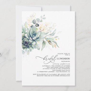 Succulents Greenery Gold Leaves Bridal Luncheon Invitations