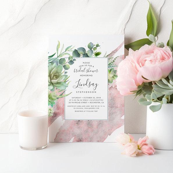 Succulents Greenery Rose Gold Foil Bridal Shower Invitations