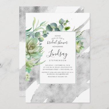 Succulents Greenery Silver Foil Bridal Shower Invitations