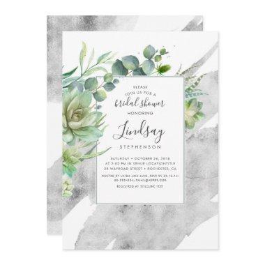 Succulents Greenery Silver Foil Bridal Shower Invitations