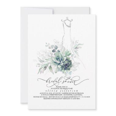 Succulents Greenery Wedding Dress Bridal Shower In Invitations