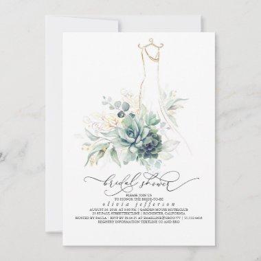 Succulents Greenery Wedding Dress Bridal Shower Invitations