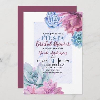Succulents Modern Chic Marble Bridal Shower Fiesta Invitations