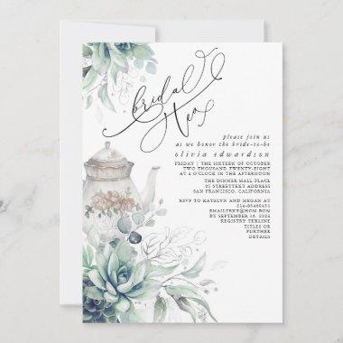 Succulents Silver Greenery Bridal Shower Tea Party Invitations