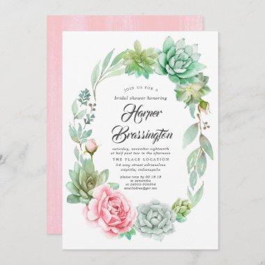 Succulents Wreath Floral Pink Bridal Shower Invitations