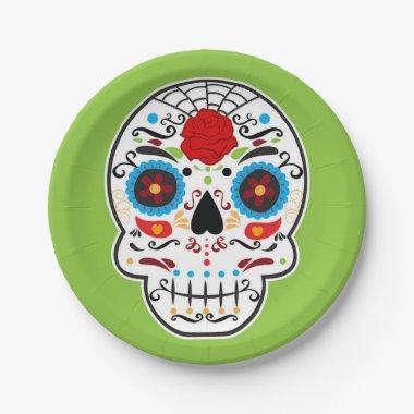 Sugar Skull Mexican Spanish Skeleton Party Green Paper Plates
