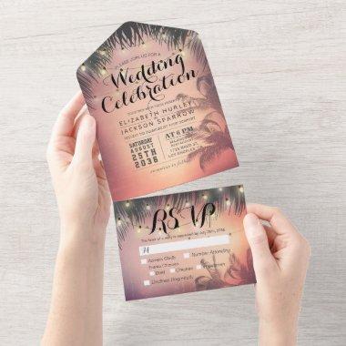 Summer Beach Palm Tree String Lights Wedding RSVP All In One