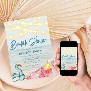 Summer Beach String Lights Flamingo Bridal Shower Invitations