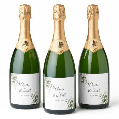 Summer Floral Green Foliage White Wedding Sparkling Wine Label