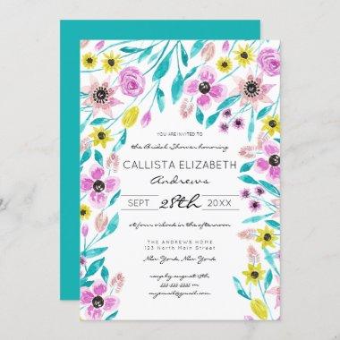 Summer Flowers Leaves Watercolor Bridal Shower Invitations