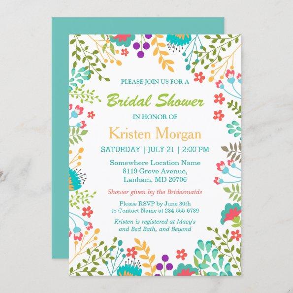 Summer Fresh Floral Teal Blue Bridal Shower Invitations