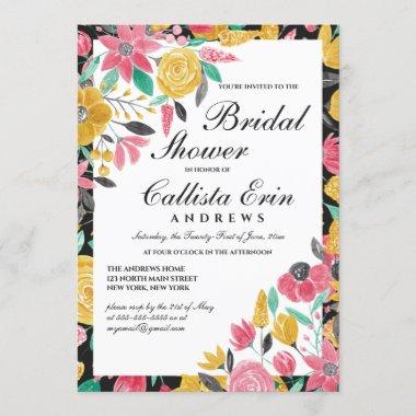 Summer Golden Pink Floral Watercolor Bridal Shower Invitations
