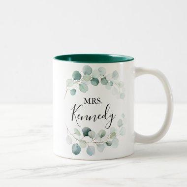 Summer Green Eucalyptus Foliage Mrs Newlywed Bride Two-Tone Coffee Mug