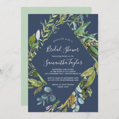 Summer Greenery Navy Diamond Wreath Bridal Shower Invitations