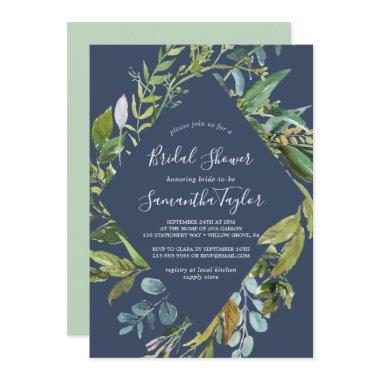 Summer Greenery Navy Diamond Wreath Bridal Shower Invitations