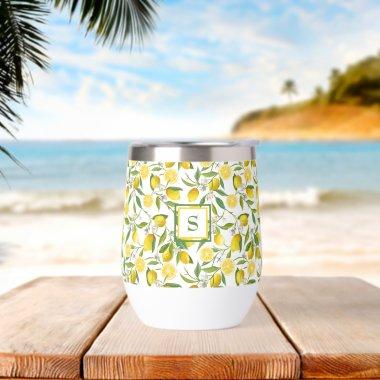 Summer Lemon Citrus Flowers Monogrammed Initials Thermal Wine Tumbler