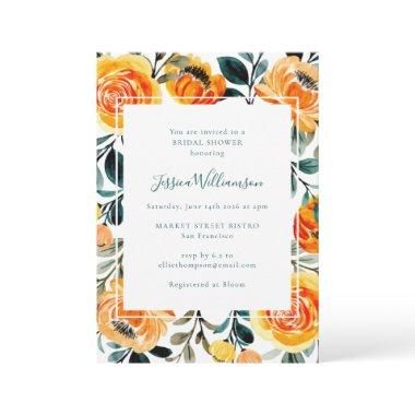 Summer Orange Watercolor Flowers Bridal Shower Invitations