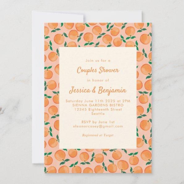 Summer Oranges Fruit Watercolor Pink Couple Shower Invitations