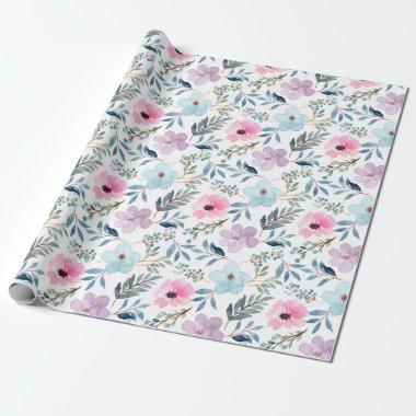 Summer Pastel Blue Watercolor Flowers Pattern Wrapping Paper