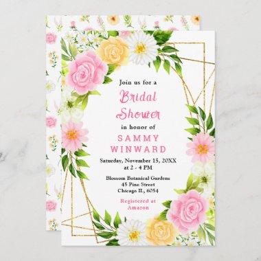Summer Pink and Yellow Floral Bridal Shower Invitations