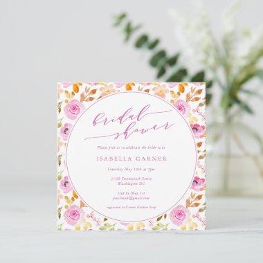 Summer Pink Girly Watercolor Floral Bridal Shower Invitations