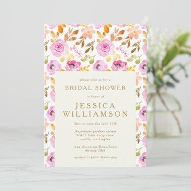 Summer Pink Watercolor Floral Bridal Shower Invitations