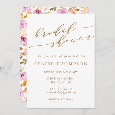 Summer Pink Watercolor Floral Script Bridal Shower Invitations