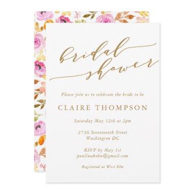 Summer Pink Watercolor Floral Script Bridal Shower Invitations