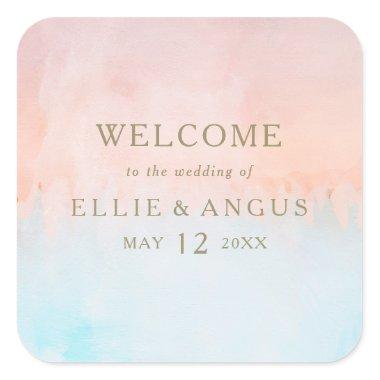 Summer Sunset Watercolor Wedding Welcome Square Sticker