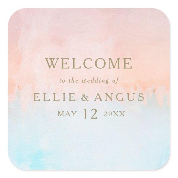 Summer Sunset Watercolor Wedding Welcome Square Sticker