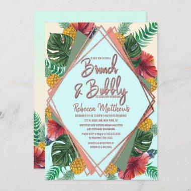 Summer Tropical Pineapple Floral Brunch and Bubbly Invitations