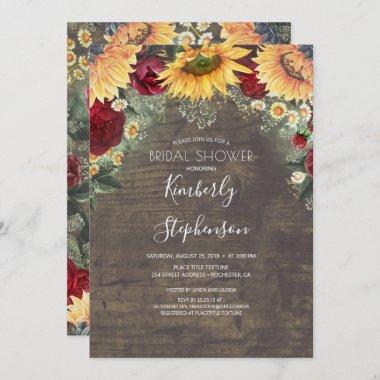 Sunflower and Burgundy Rose Rustic Bridal Shower Invitations